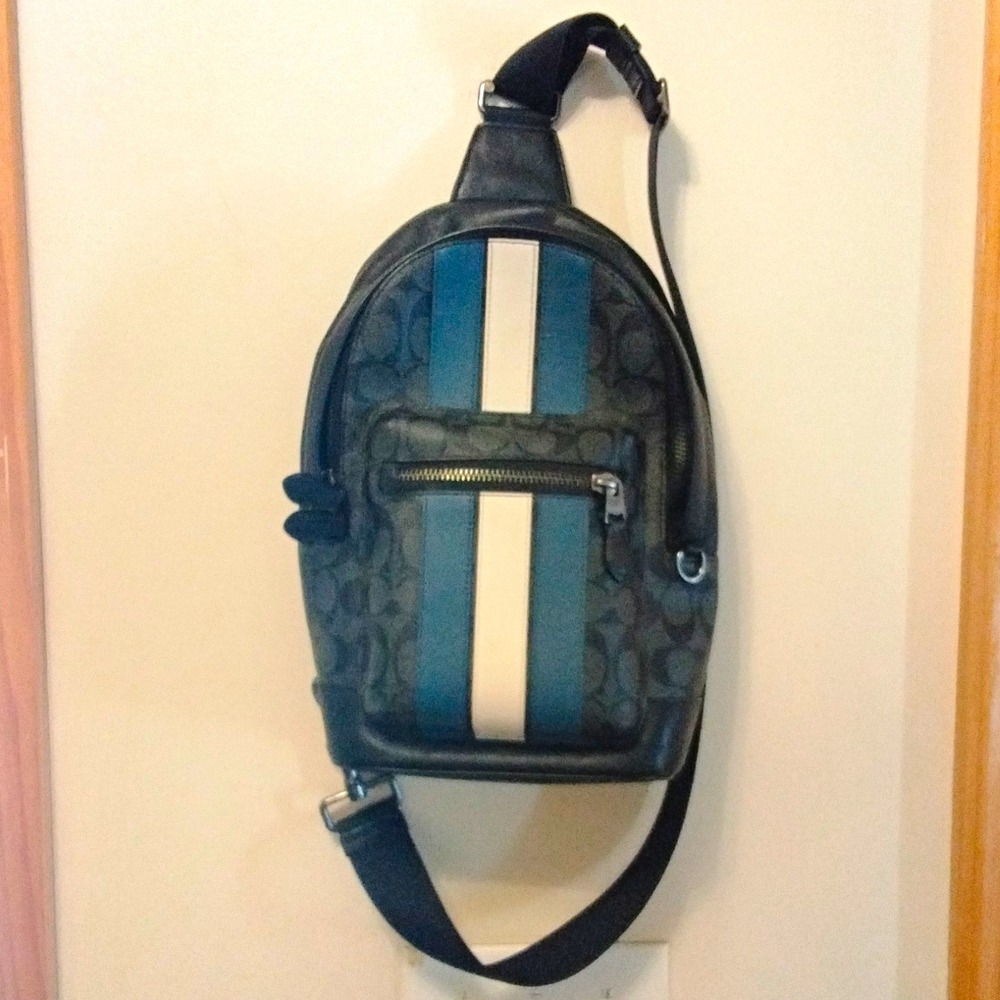 Coach Men's Logo Pattern Sling Crossbody Bag Black Blue White, Zip, Adjustable